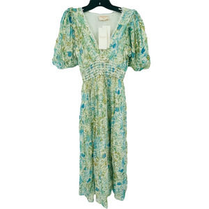 NWT Rococo Sand RS-Elan 1728 Sparkle Metallic Puff Sleeve Midi Dress Size XS